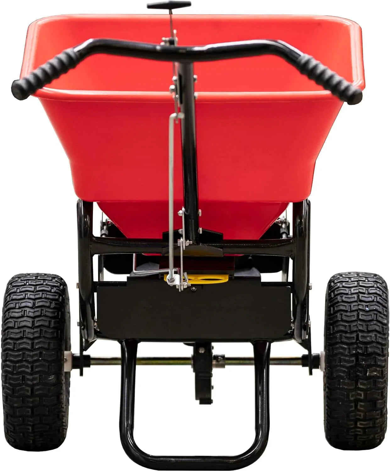 Multi-purpose push-along spreader, 100 lb capacity, versatile tool for lawn seed, salt, de-icer, fertilizer and seeds