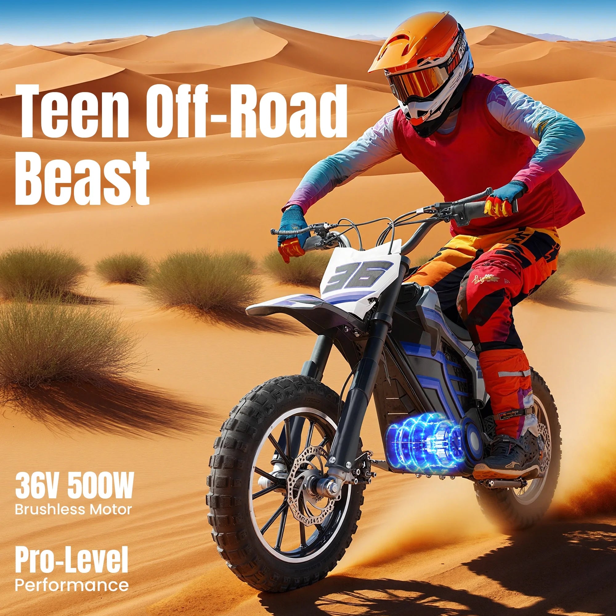 QEASET electric dirt bike, 500W kids dirt bike for Boys Girls Age 8-14, Blue