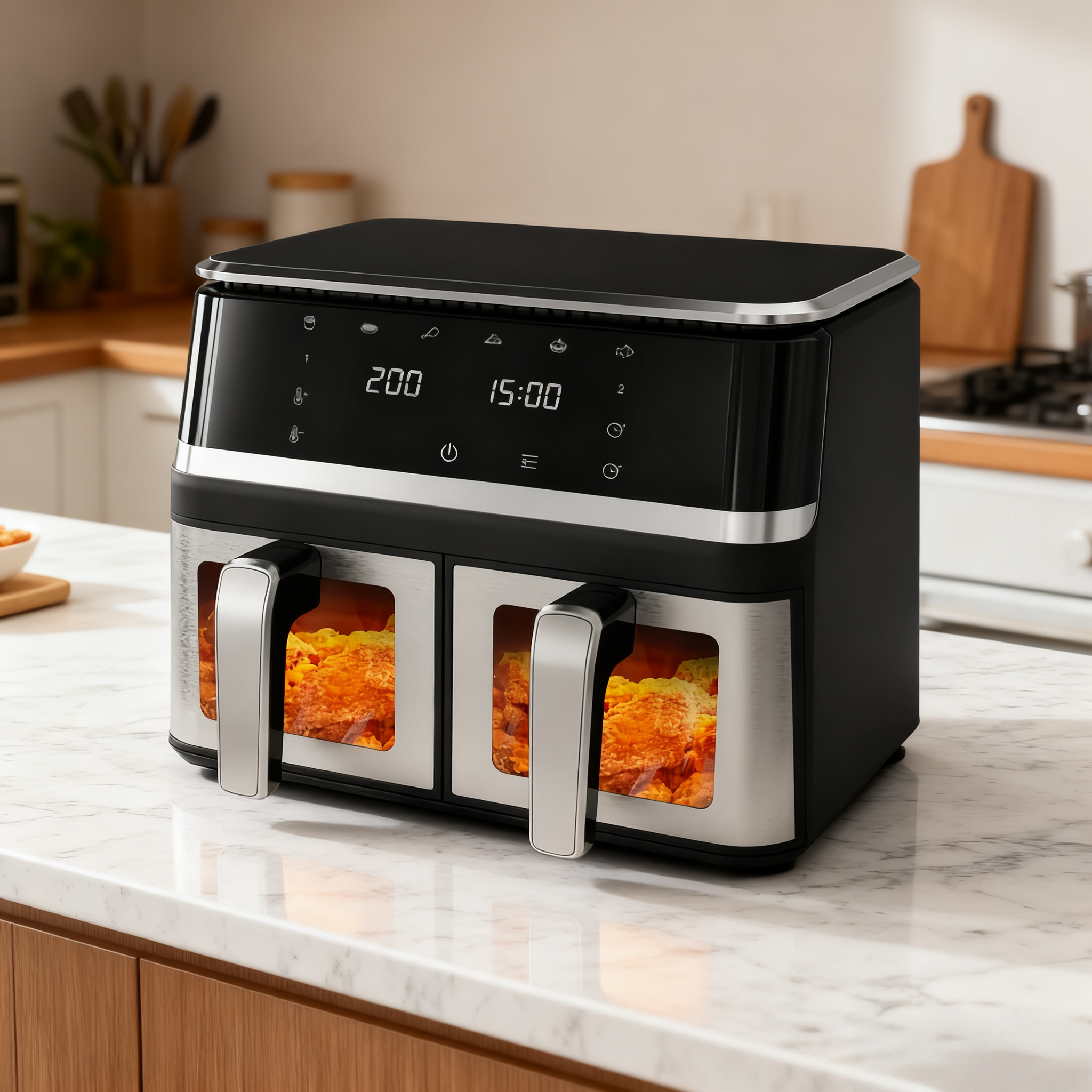 10L Dual-Basket Smart Air Fryer – Black Stainless Steel