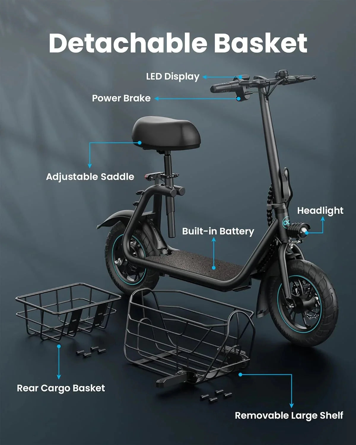 Electric scooter for adults with large center basket