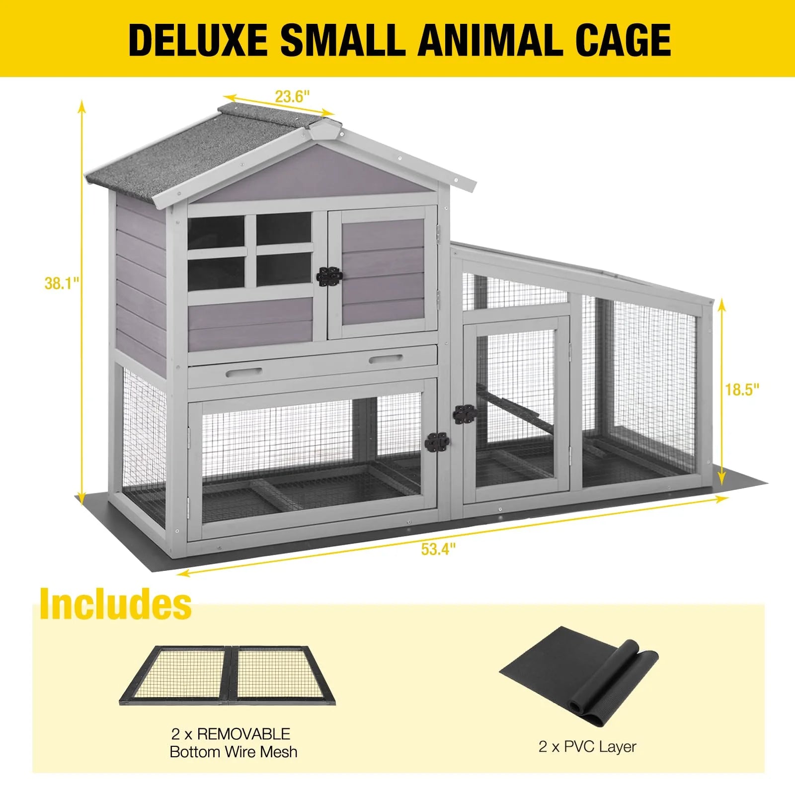 Aivituvin Rabbit Hutch Outdoor Indoor Bunny Cage with Pull Out Tray, Upgraded Chicken Coop with Removable Wire Mesh Bottom, Gray