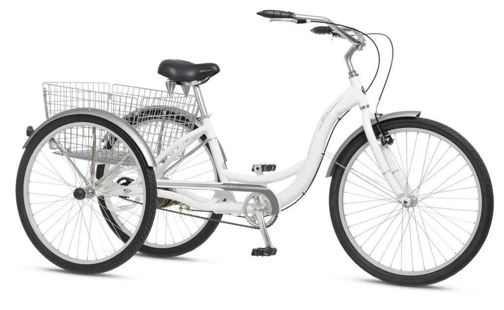 2025 Schwinn Meridian Adult Tricycle, Men's and Women's Beach Cruiser, 26-inch Wheels, Low Step-Through, Wide Saddle, Folding Rear Basket.