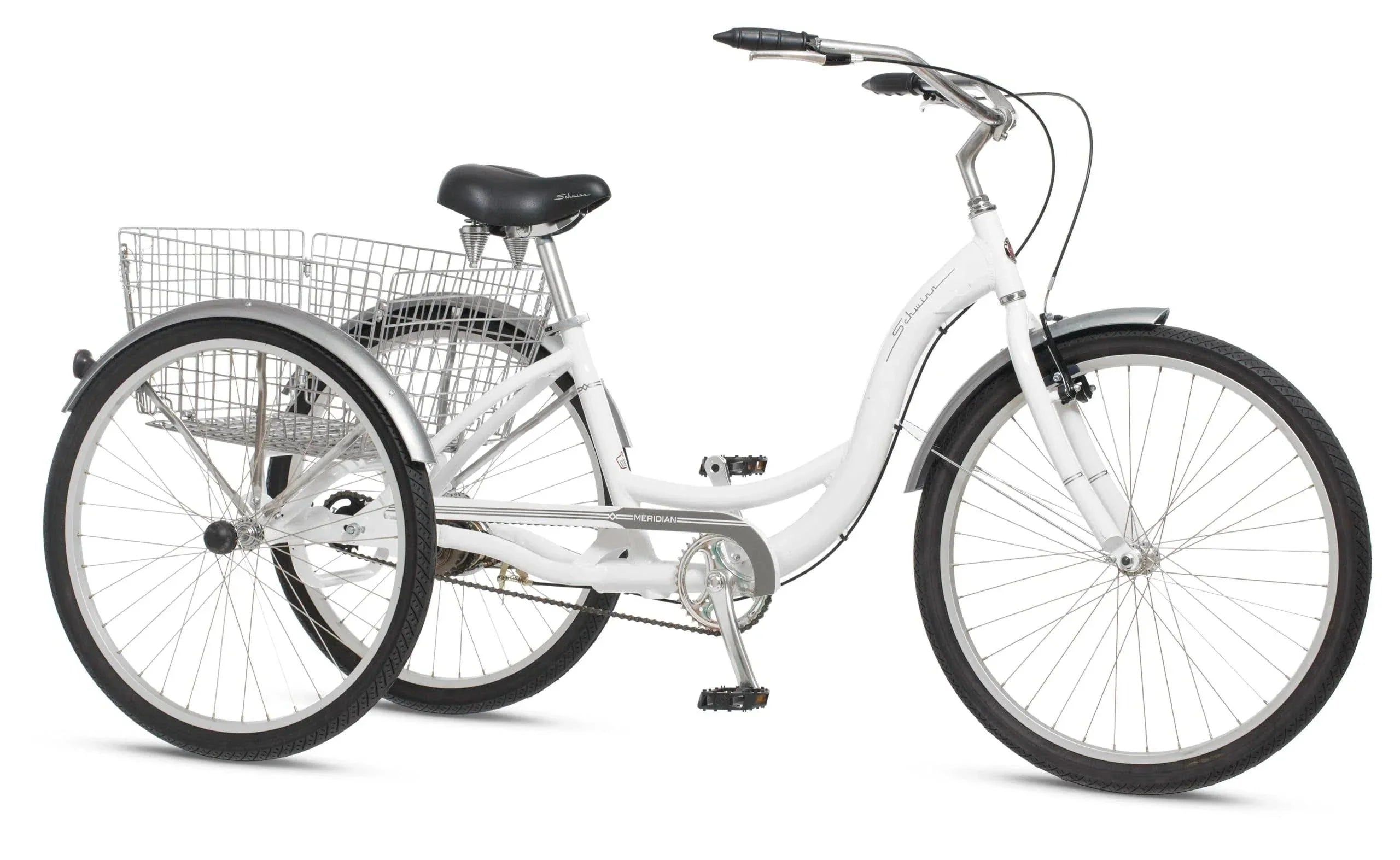 2025 Schwinn Meridian Adult Tricycle, Men's and Women's Beach Cruiser, 26-inch Wheels, Low Step-Through, Wide Saddle, Folding Rear Basket.