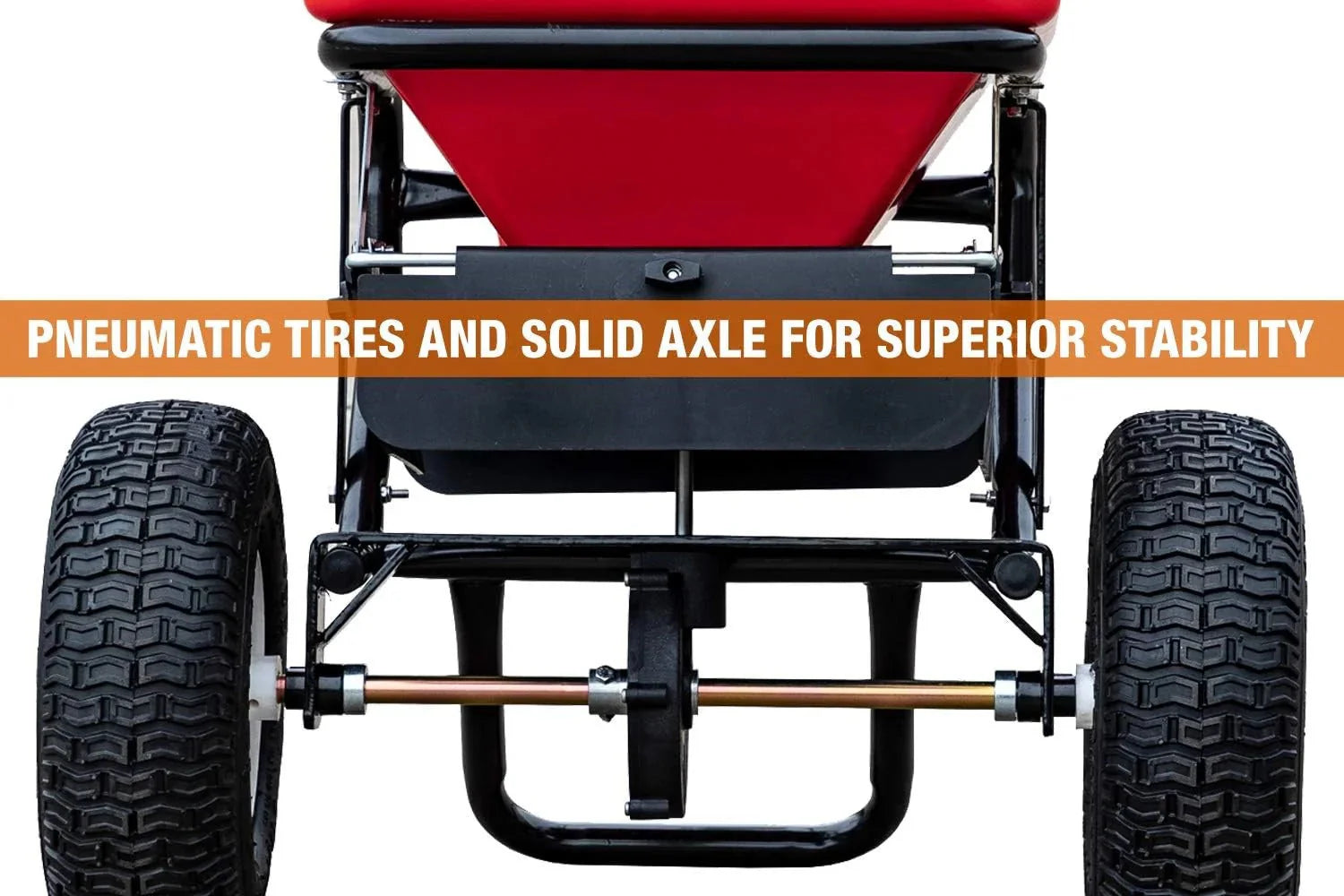 Multi-purpose push-along spreader, 100 lb capacity, versatile tool for lawn seed, salt, de-icer, fertilizer and seeds