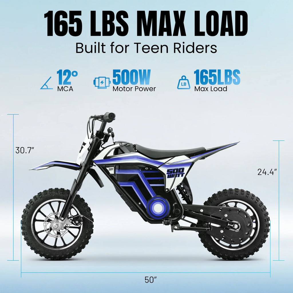 QEASET electric dirt bike, 500W kids dirt bike for Boys Girls Age 8-14, Blue