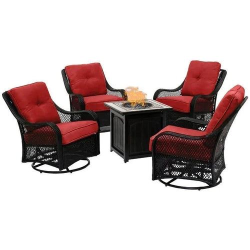 2025 5-piece steel patio fire pit seating set with navy blue cushions, swivel gliders and square fire pit table