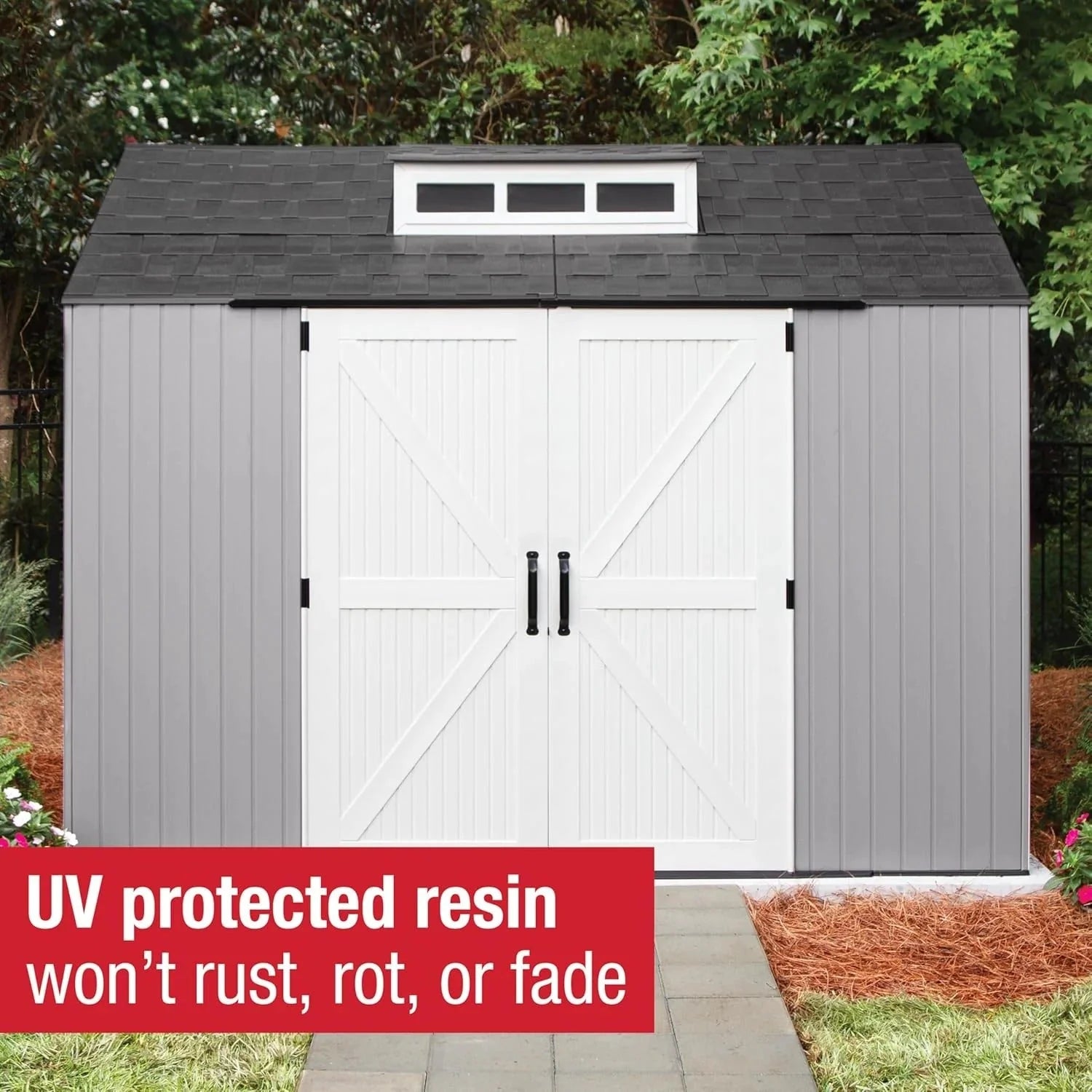 Rubbermaid resin garden shed with floor (2.13 x 2.13 m), weatherproof, grey, for storing garden tools, lawnmowers, bicycles and pool accessories