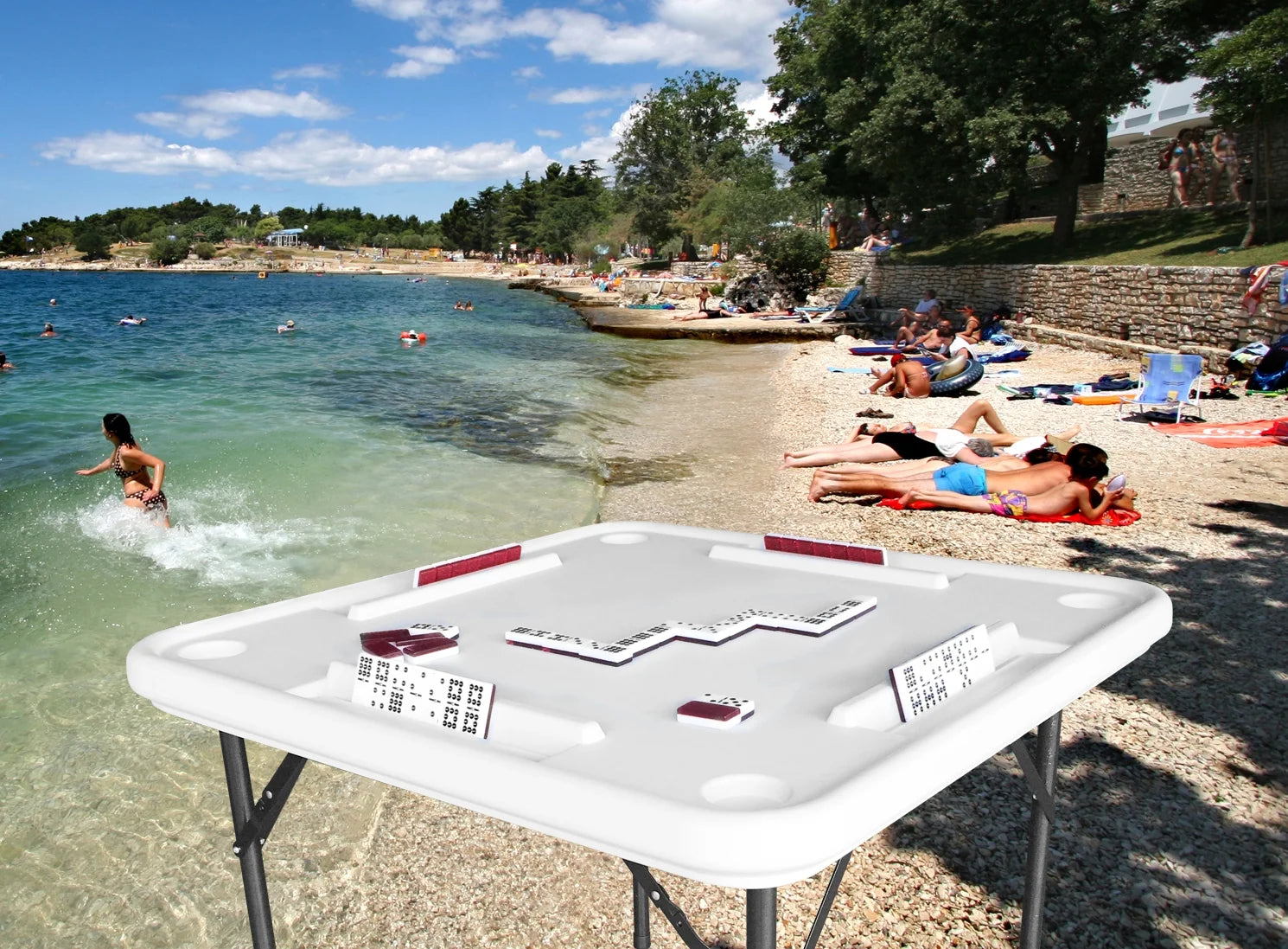 Bene Casa Foldable Domino Table with Built-In Drink Holders, 38?? x 38??, White
