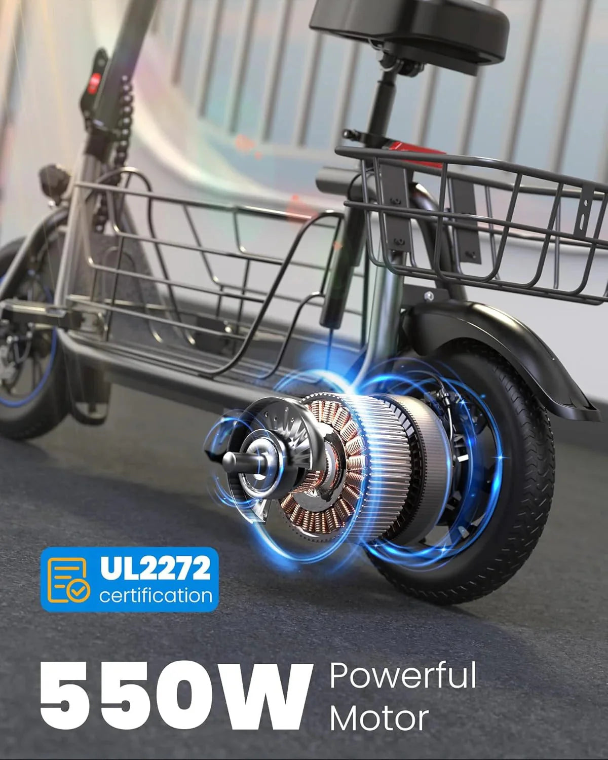 Electric scooter for adults with large center basket