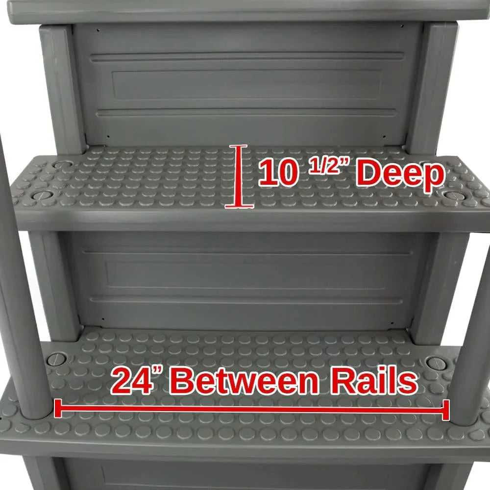 Non-slip pool entrance steps | Gray | Suitable for above-ground pools | Can be installed on patios with a height of 122 to 137 cm | Maximum load capacity 136 kg