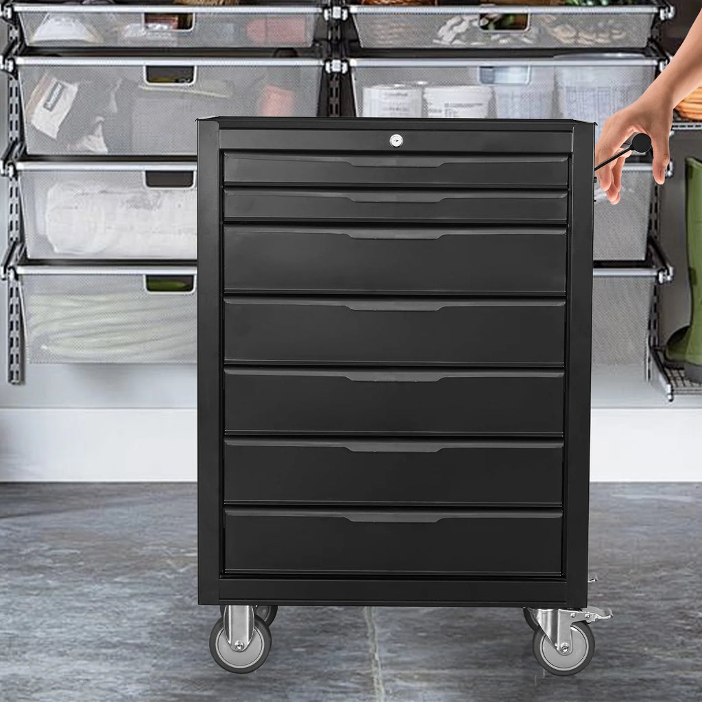 7-Drawer Rolling Tool Chest Cabinet, Large Capacity Metal Tool Box with Wheels and Cylinder Locking, Roll Around Storage Organizer Tool Cart for Garage, Warehouse, Work Shop - Black