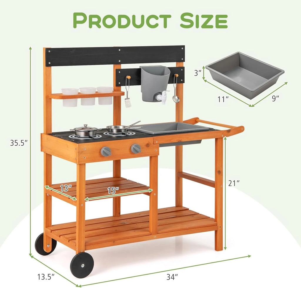 OLAKIDS Mud Kitchen, Outdoor Play Kitchen with Wheels 3 Cups Removable Sink Cooking Accessories Wooden Kids Kitchen Playset Backyard Garden Toys Gift for Boys Girls Ages 3+