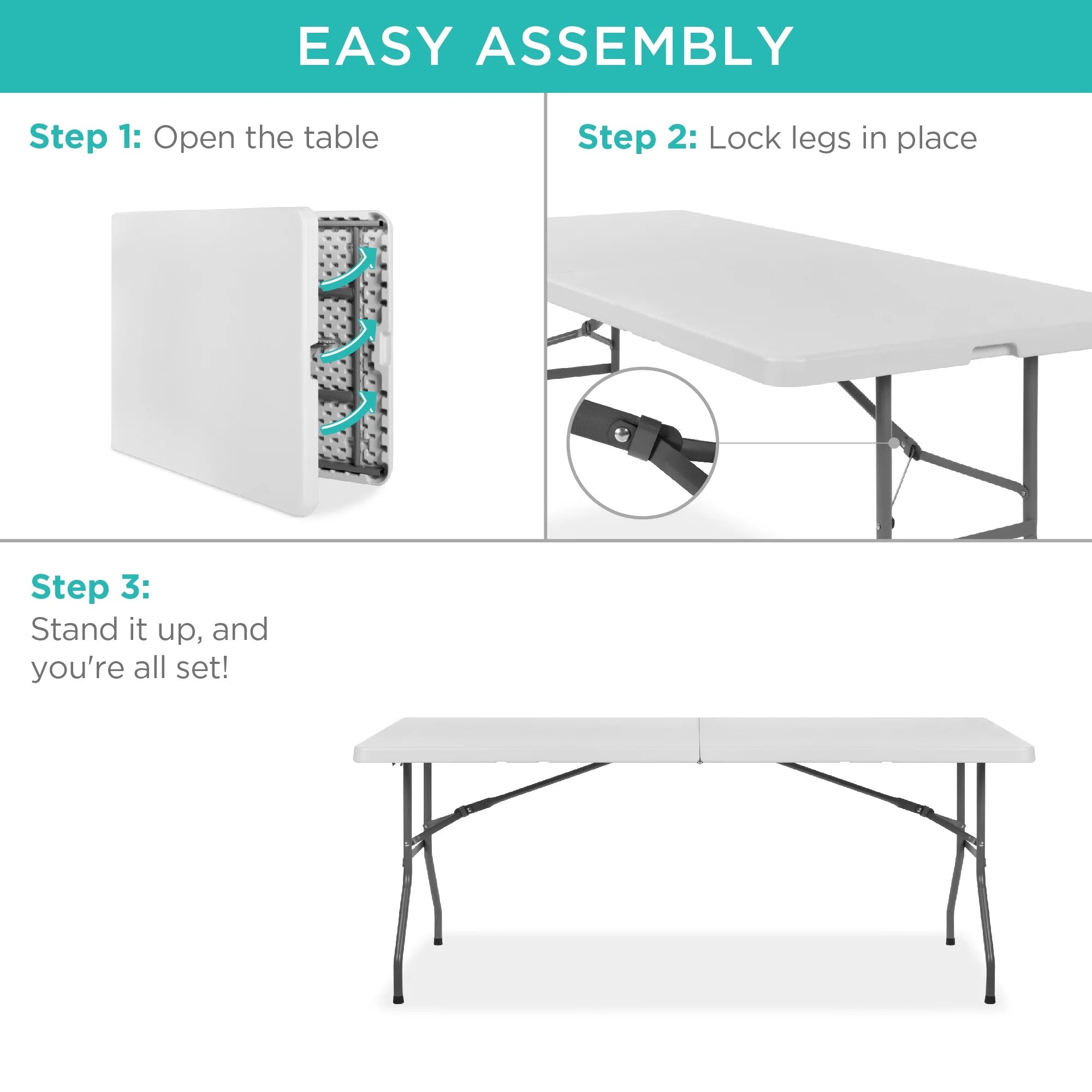 Best Choice Products 6ft Plastic Folding Table, Indoor Outdoor Heavy Duty Portable w/ Handle, Lock - White