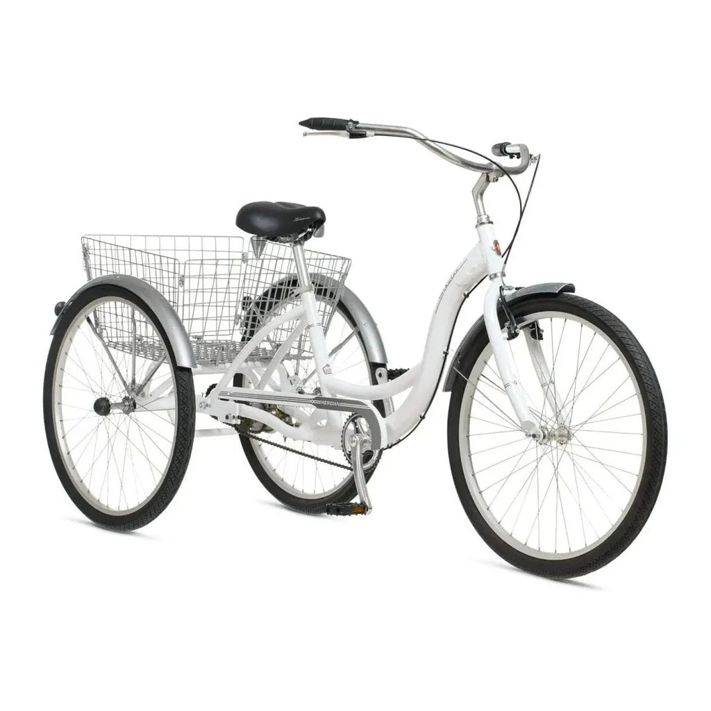 2025 Schwinn Meridian Adult Tricycle, Men's and Women's Beach Cruiser, 26-inch Wheels, Low Step-Through, Wide Saddle, Folding Rear Basket.