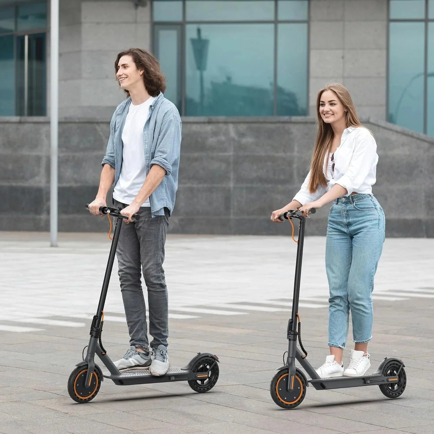 Electric scooter, 350W/500W powerful motor, 8.5"/10" solid rubber tires, 19/22 mph, 28/21/12 mile range, dual brakes