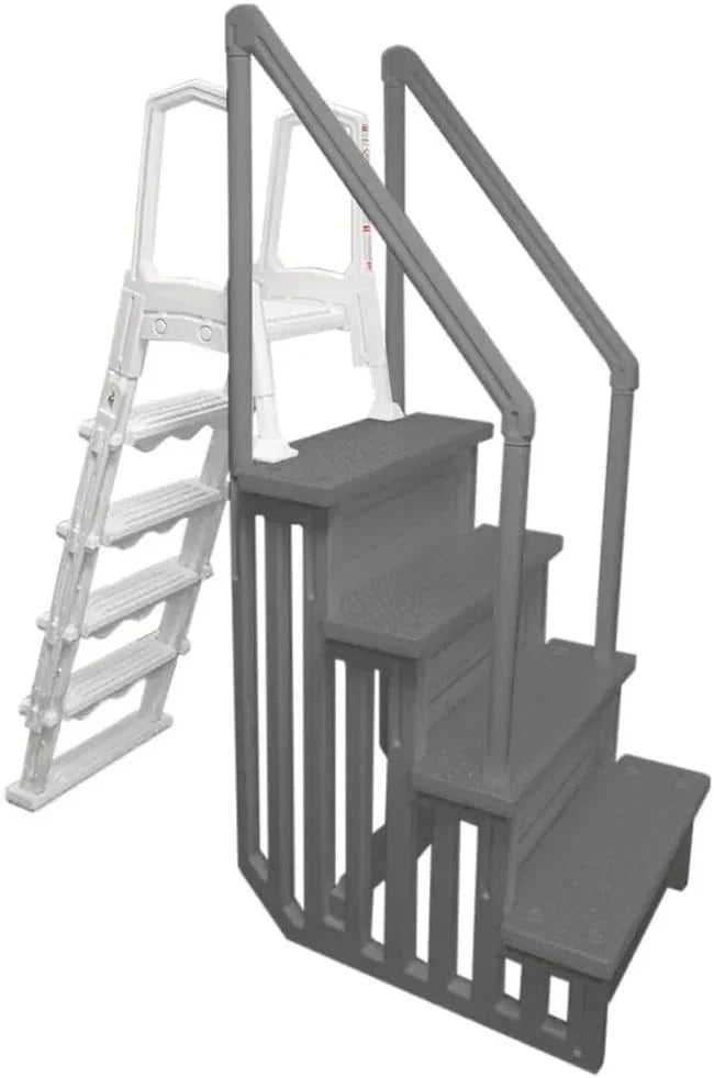 Non-slip pool entrance steps | Gray | Suitable for above-ground pools | Can be installed on patios with a height of 122 to 137 cm | Maximum load capacity 136 kg