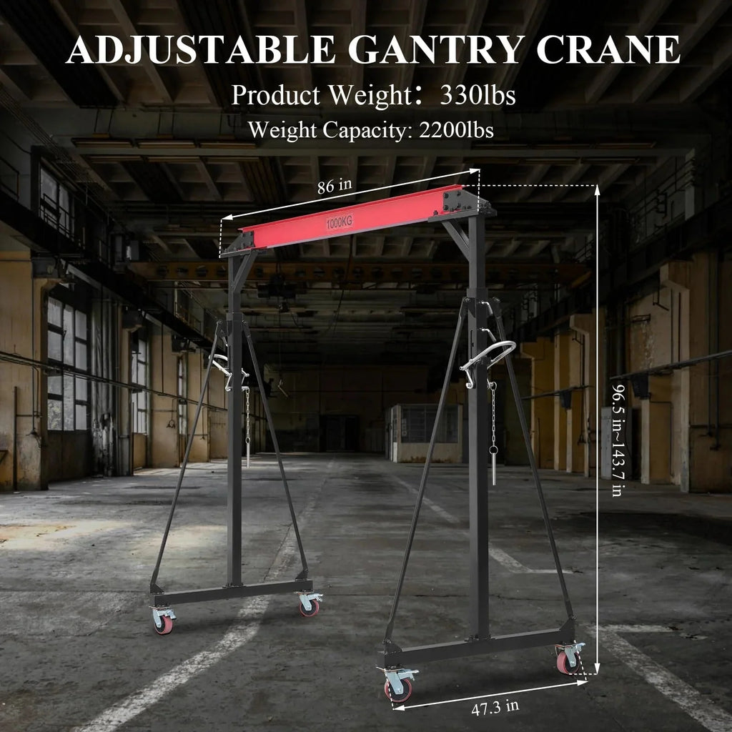 2025 1-ton gantry crane, adjustable, 2200 lbs lifting capacity, height adjustable 96.5"-143.7", portable hoist for factory, construction site, warehouse, auto repair shop