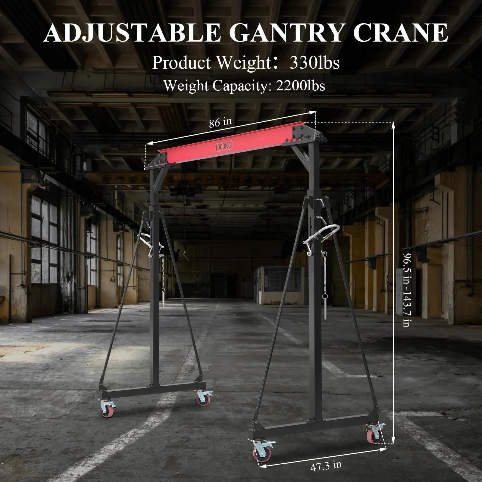 2025 1-ton gantry crane, adjustable, 2200 lbs lifting capacity, height adjustable 96.5"-143.7", portable hoist for factory, construction site, warehouse, auto repair shop