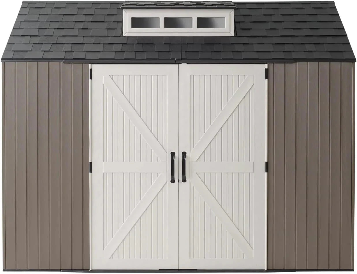 Rubbermaid resin garden shed with floor (2.13 x 2.13 m), weatherproof, grey, for storing garden tools, lawnmowers, bicycles and pool accessories