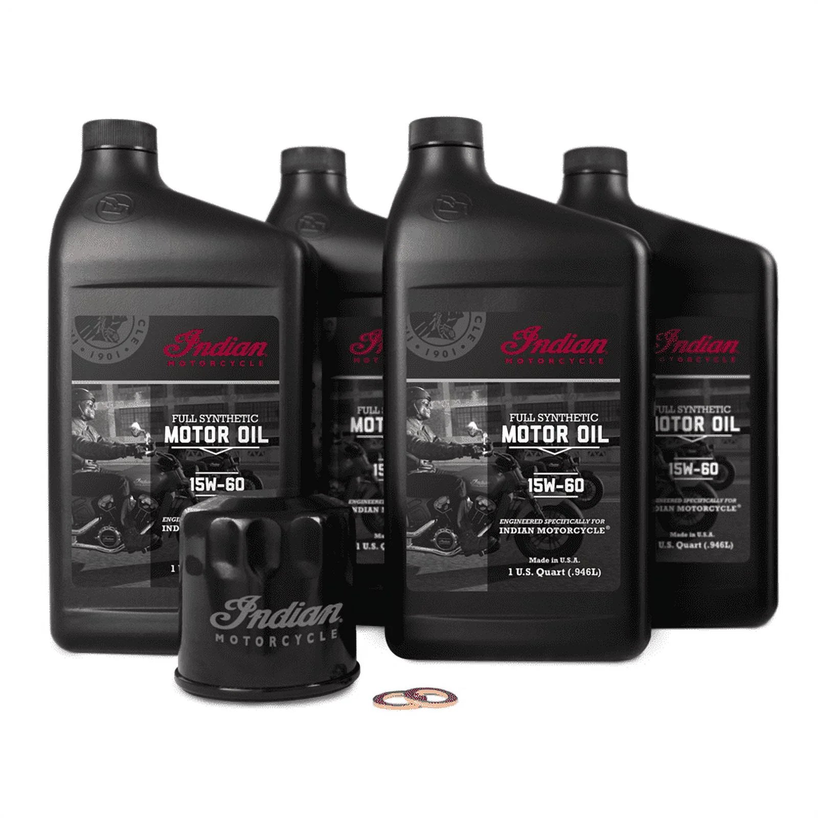 Indian Motorcycle Scout Oil Change Kit with Full Synthetic 15W-60 Motor Oil, 4 Quarts, 2 Washers
