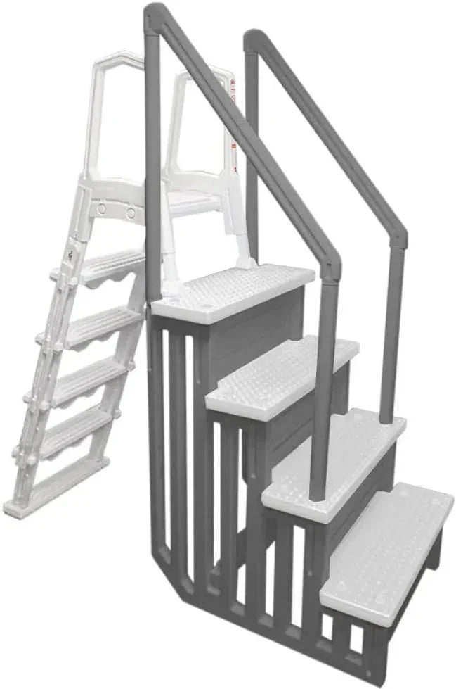 Non-slip pool entrance steps | Gray | Suitable for above-ground pools | Can be installed on patios with a height of 122 to 137 cm | Maximum load capacity 136 kg