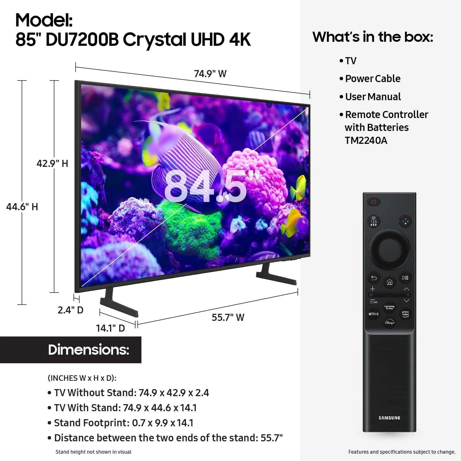 Samsung 85″ Crystal UHD 4K Smart TV DU7200B with PurColor, HDR and Tizen OS – 2024 Model