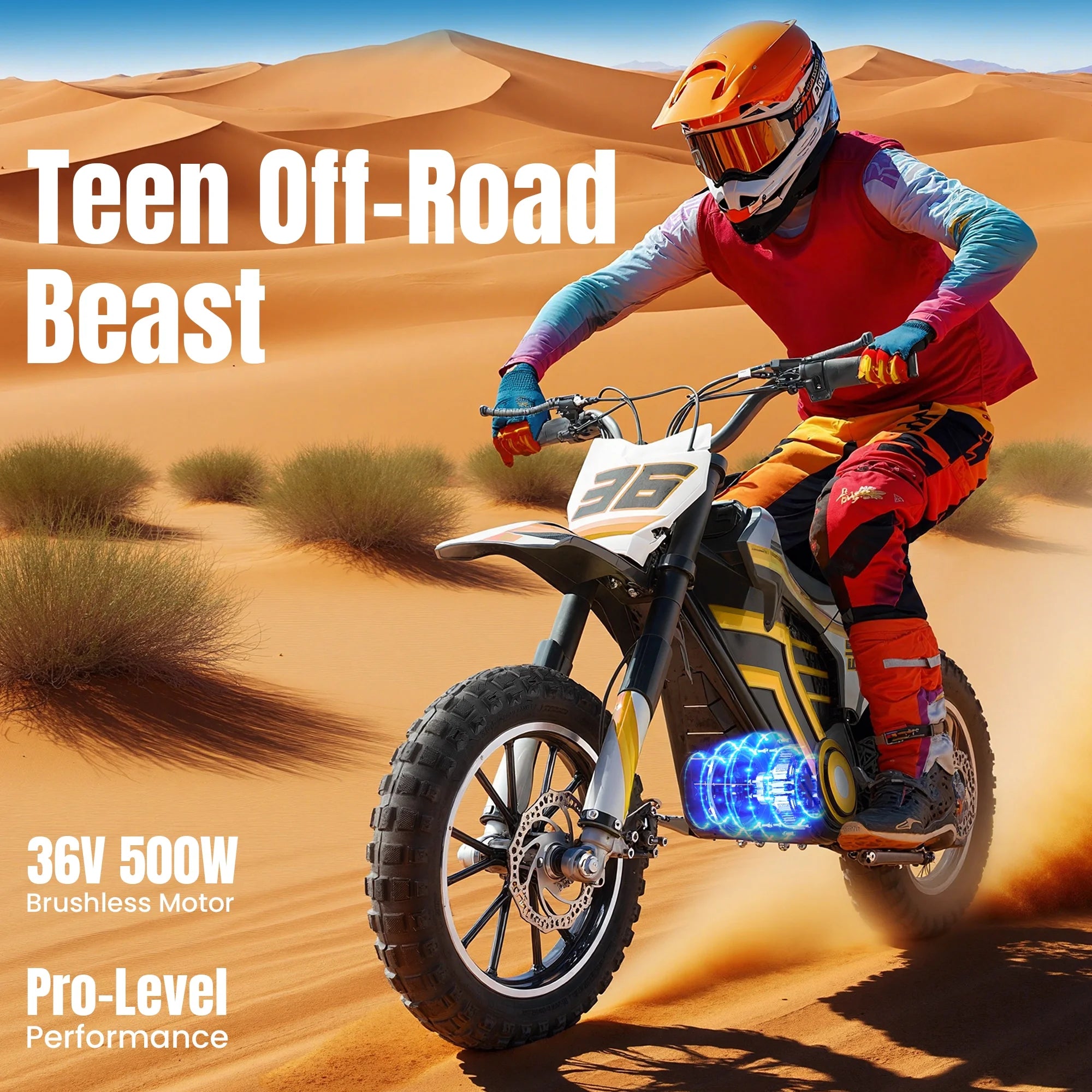 QEASET electric dirt bike, 500W kids dirt bike for Boys Girls Age 8-14, Blue