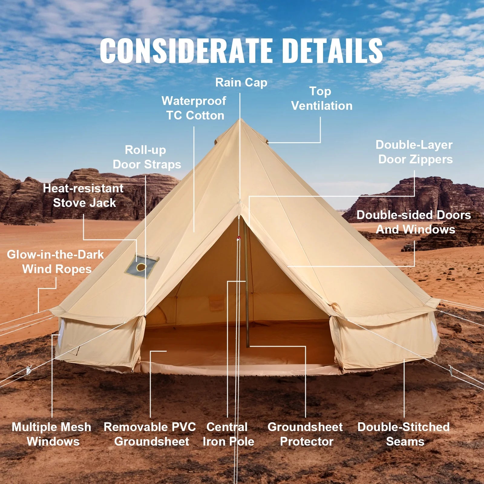 KFFKFF Canvas Bell Tent 6m/19.68ft 4-Season Camping Yurt Tent with Stove Jack