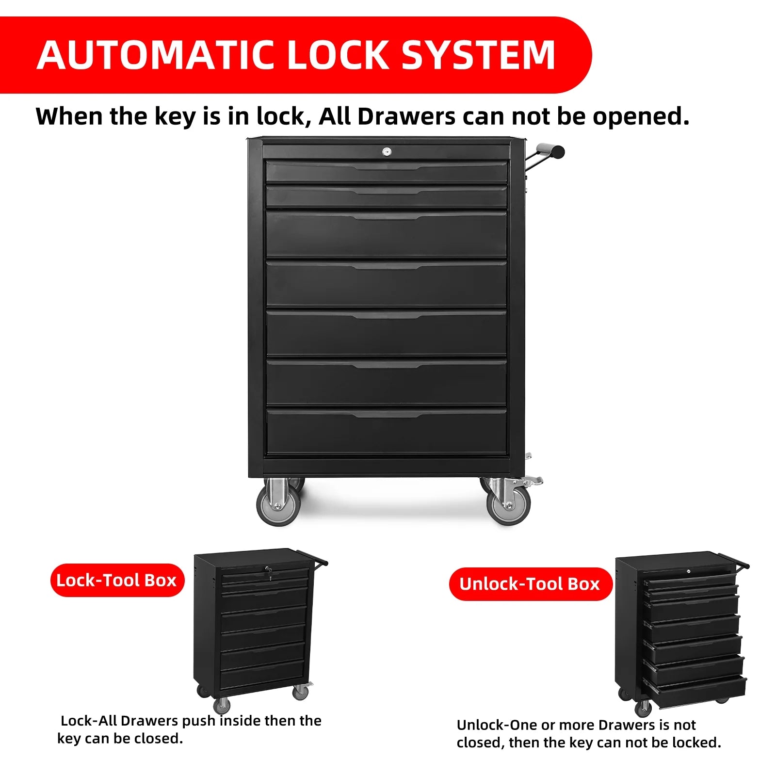 7-Drawer Rolling Tool Chest Cabinet, Large Capacity Metal Tool Box with Wheels and Cylinder Locking, Roll Around Storage Organizer Tool Cart for Garage, Warehouse, Work Shop - Black