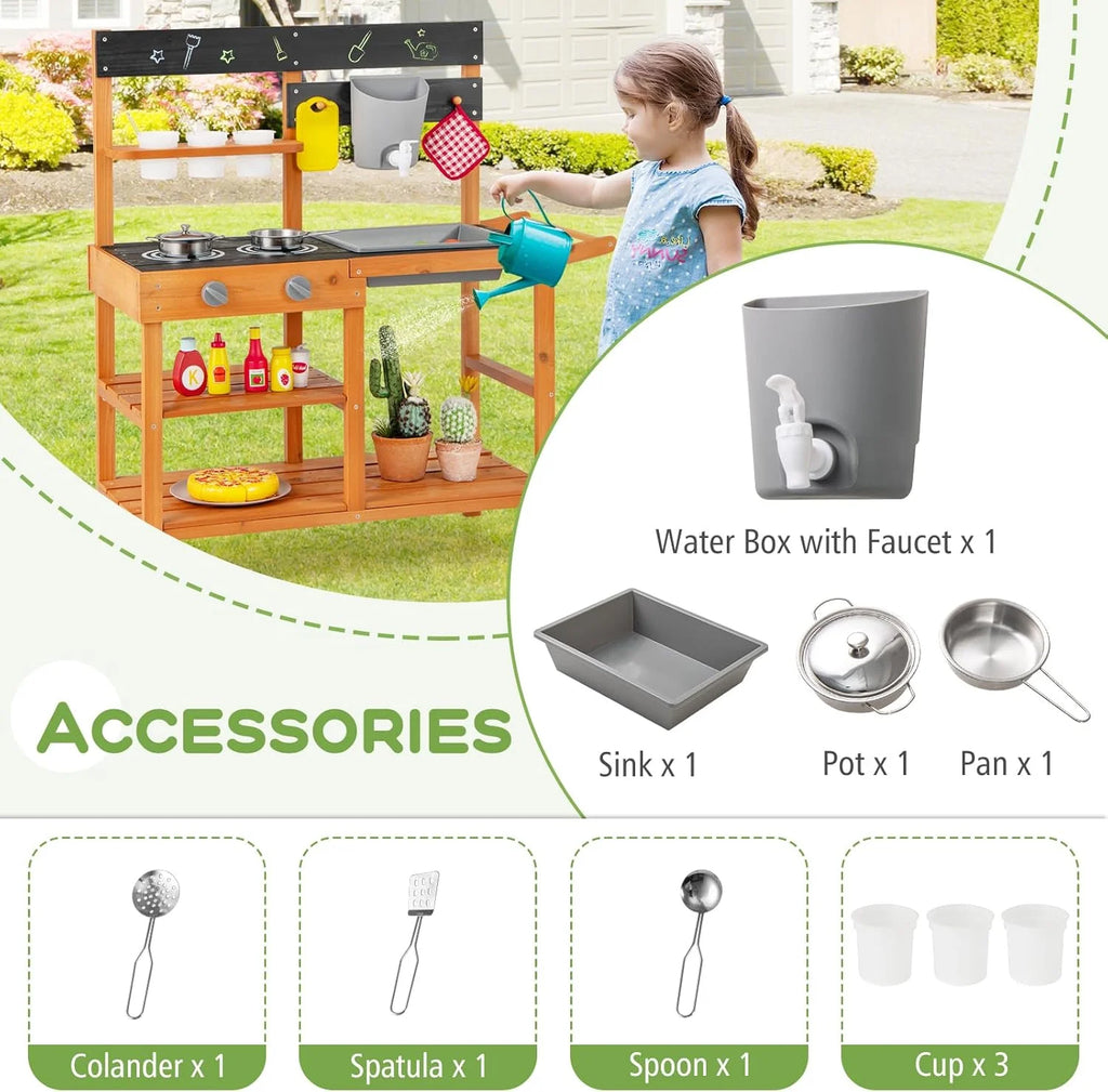 OLAKIDS Mud Kitchen, Outdoor Play Kitchen with Wheels 3 Cups Removable Sink Cooking Accessories Wooden Kids Kitchen Playset Backyard Garden Toys Gift for Boys Girls Ages 3+