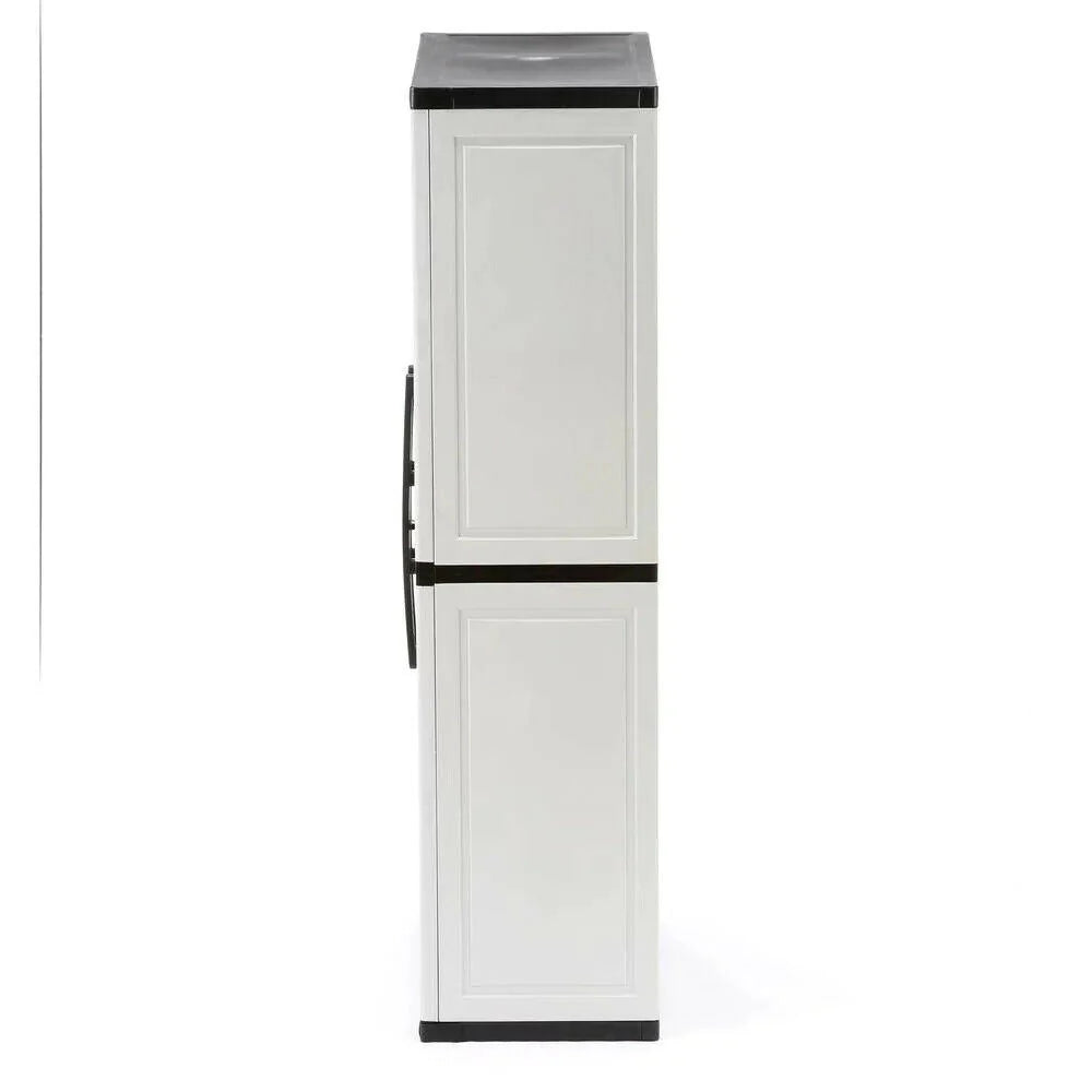Freestanding garage cabinet made of grey plastic, model 2025, 89 cm W x 180 cm H x 46 cm D, with adjustable shelves and lockable doors.