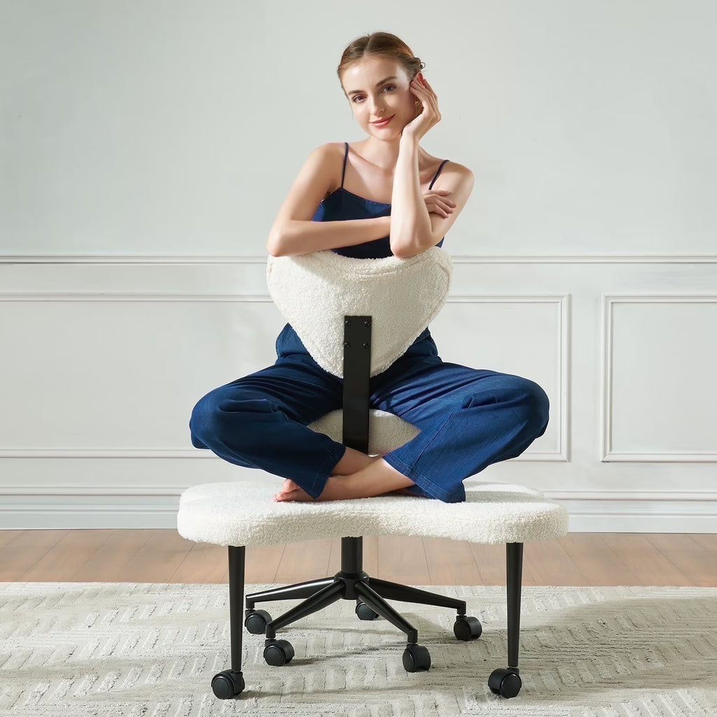 Pinmoco Ergonomic Cross Legged Swivel Chair, Adjustable Height and Teddy Fabric, Meditation& ADHD Chair with Back Support, Home and Office, Off White