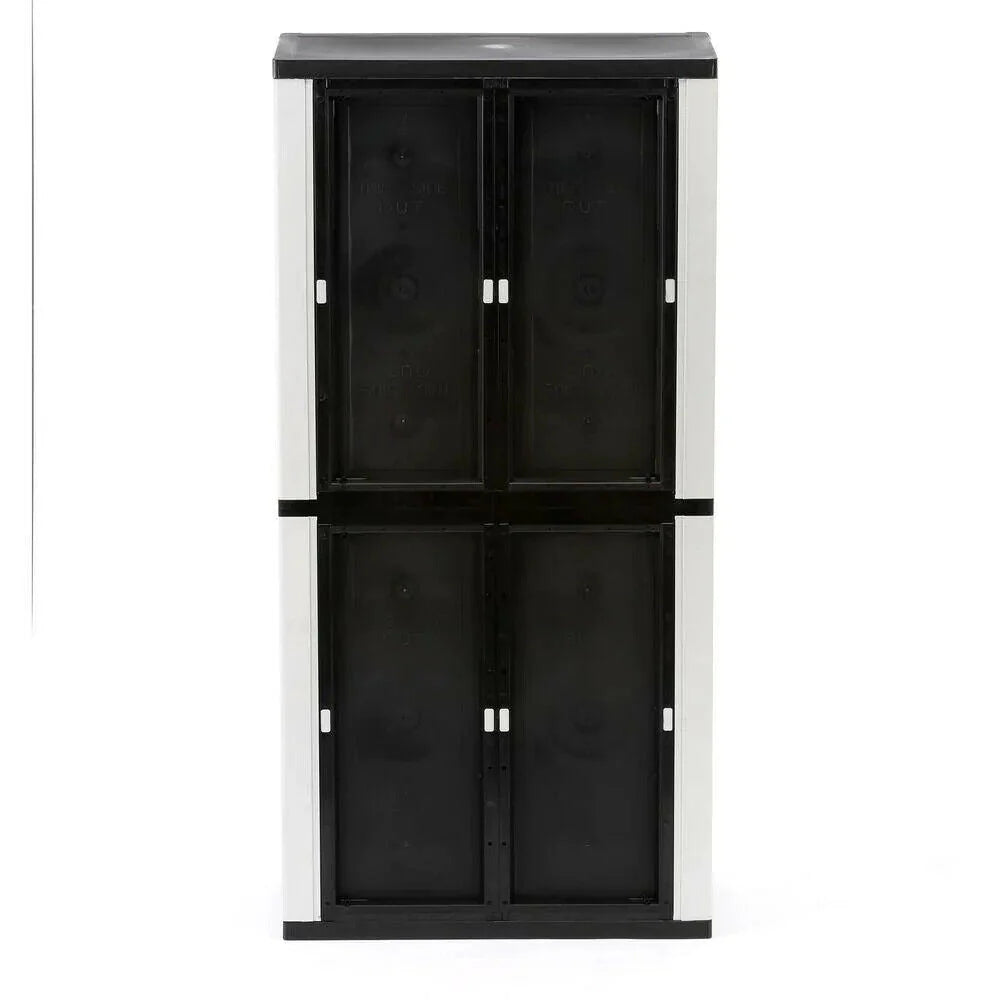 Freestanding garage cabinet made of grey plastic, model 2025, 89 cm W x 180 cm H x 46 cm D, with adjustable shelves and lockable doors.