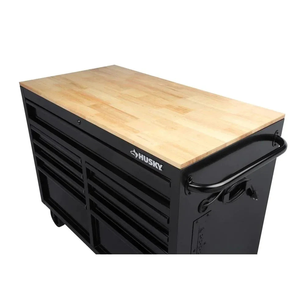 Mobile workbench with 9 drawers, hardwood top and power connection, 117 cm W x 62 cm D – high-gloss black