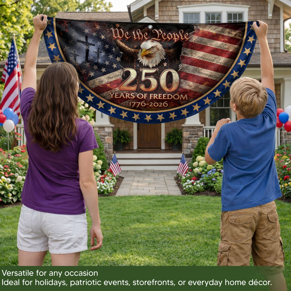 USA 250th Anniversary Fence Flag 1776-2026 American Flag with Cross We The People Patriotic Banner
