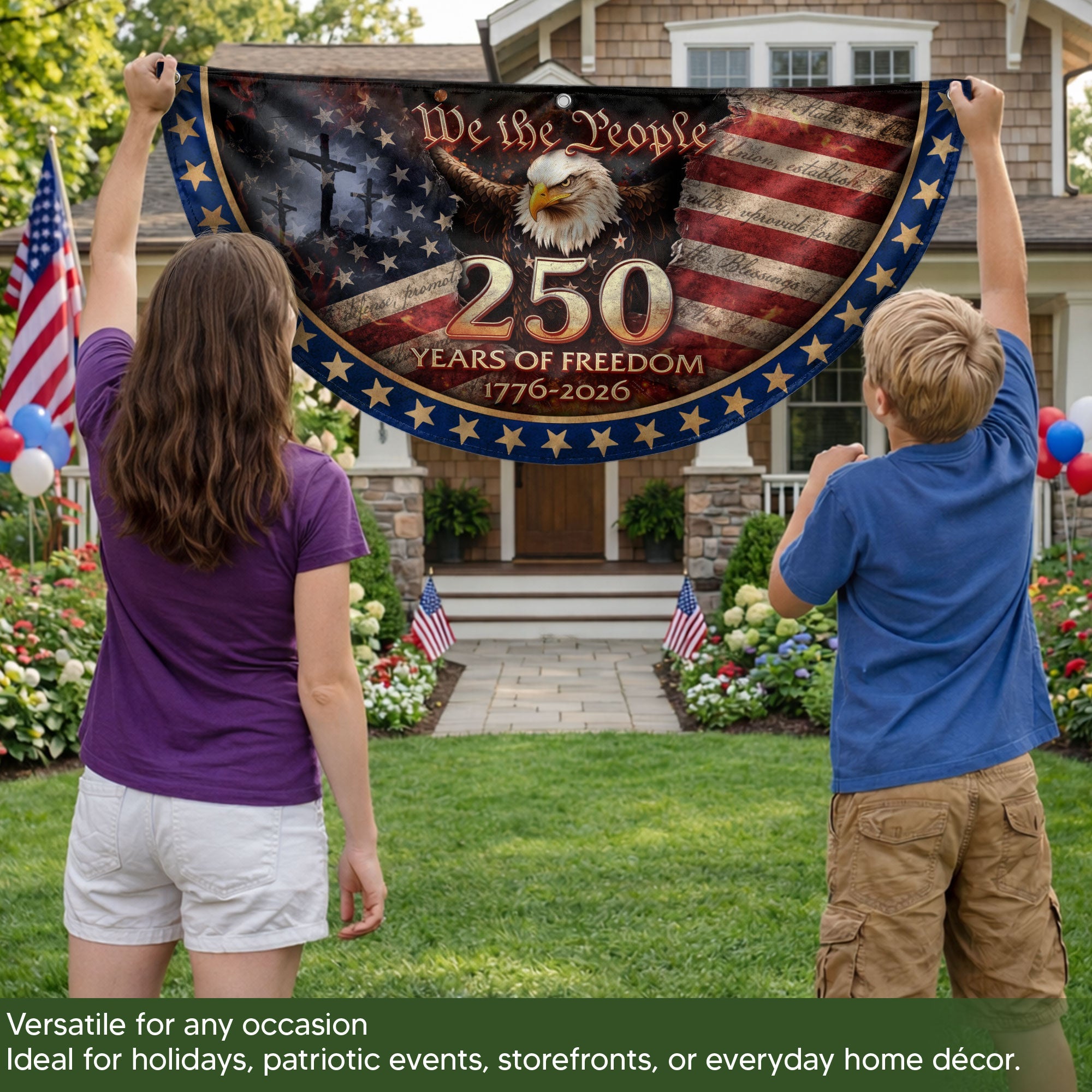 USA 250th Anniversary Fence Flag 1776-2026 American Flag with Cross We The People Patriotic Banner